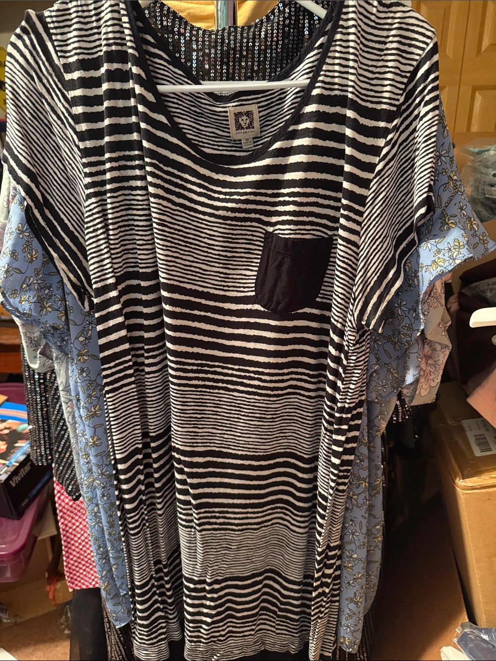 Anne Klein Black and White Striped Tee Dress with Pocket